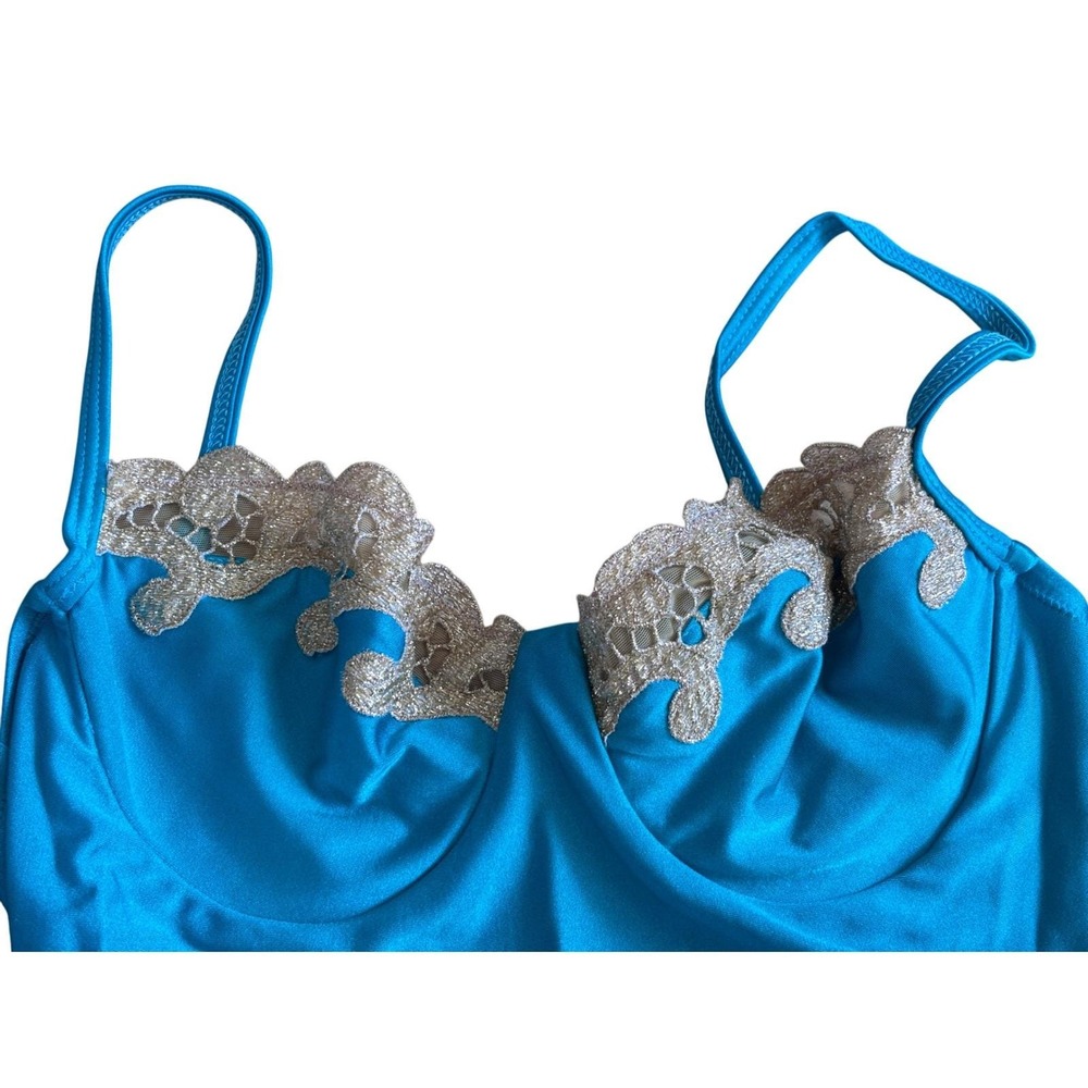 Vintage Gotttex Vibrant Turquoise Blue Lace Trim One Piece Swimsuit Women Size 8